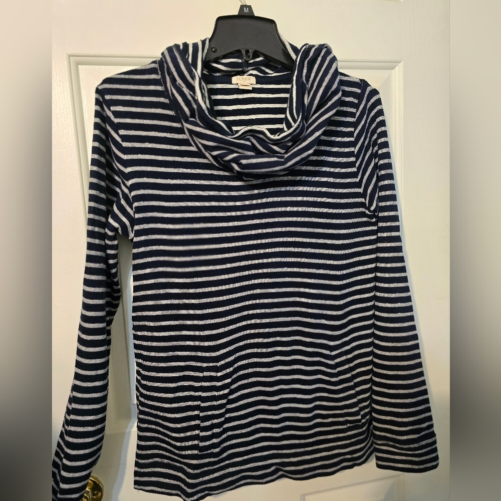 J. Crew Sweater Womens Med BLue White Striped Cowl Neck Pocket Long Sleeve